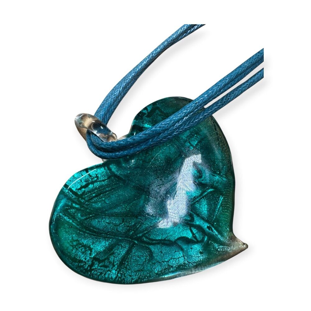 Aqua Blue Glass Heart Shaped Pendant Necklace w/ Matching Heart Shaped Earrings - Picture 4 of 6